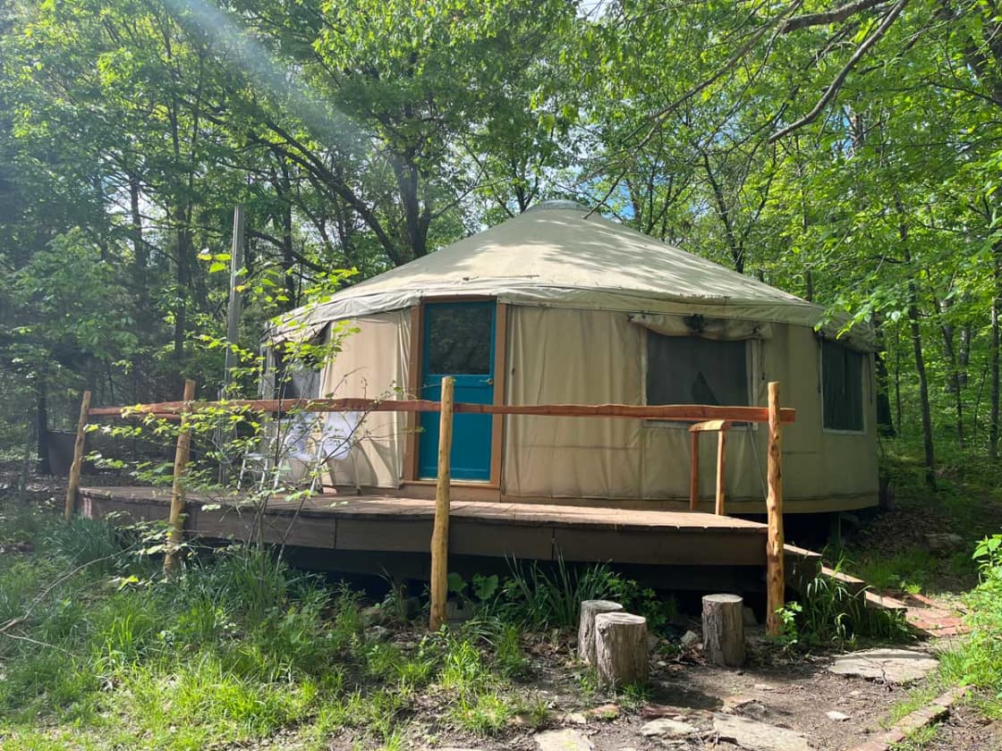 Our 30 ft. diameter Pacific Yurt nestled in the woods can accommodate several campers! The easiest camping you will ever experience!