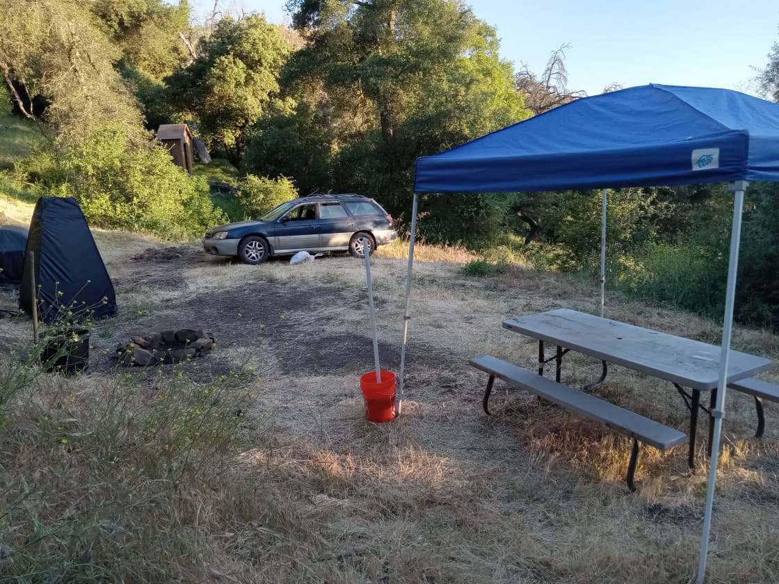 This is the second campsite I have. It is on the lower part of my property.  It can be driven up to for convenience of having your car close by or staying in a vehicle. It has a fire pit, camping toilet, picnic table, and EZ up for shade. There is plenty of room for tents. The site is surrounded by large bush like trees that offer privacy ambiance.
