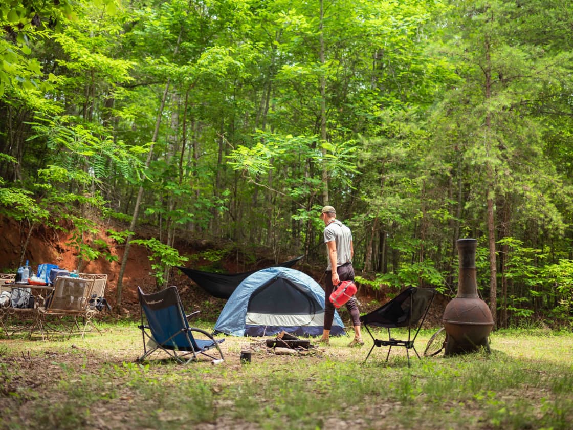 The site has plenty of space for tent(s), campfire, cooking, parking, and hammocking!