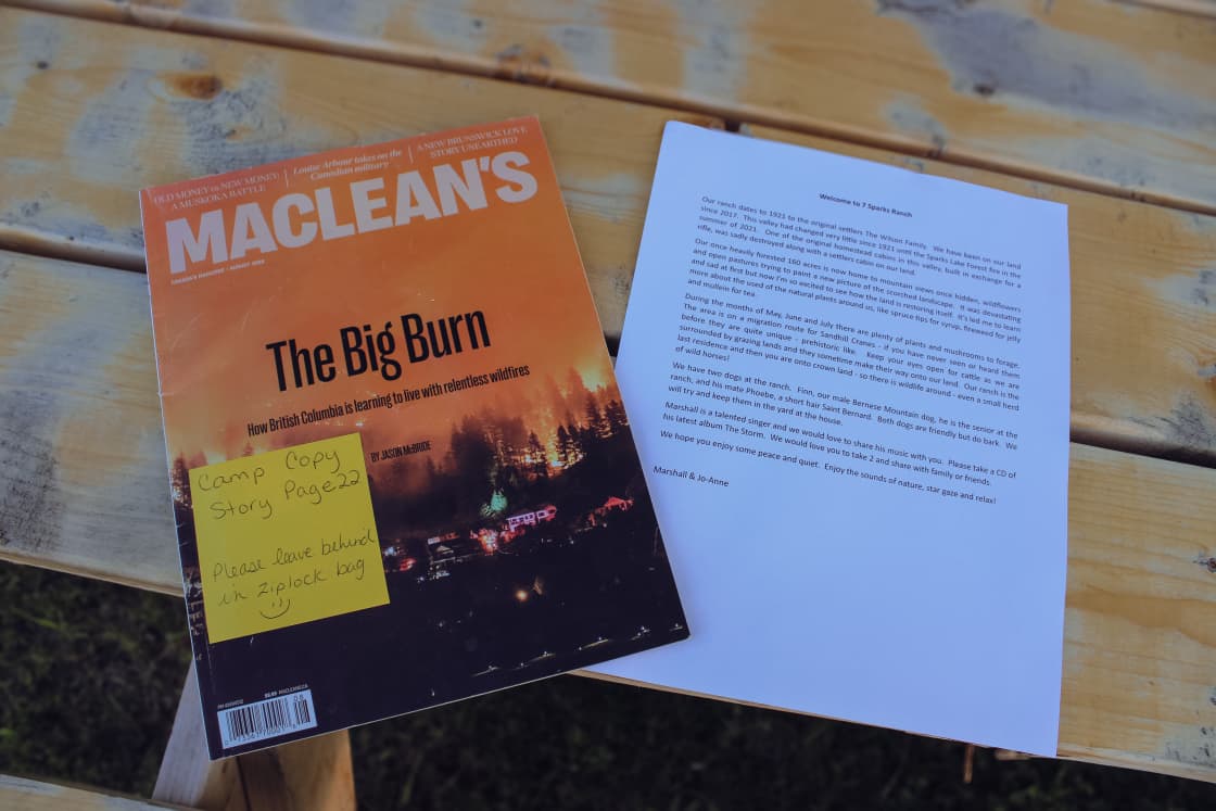 Wonderful welcome packet and copy of Macleans that discusses the 2021 wildfire 