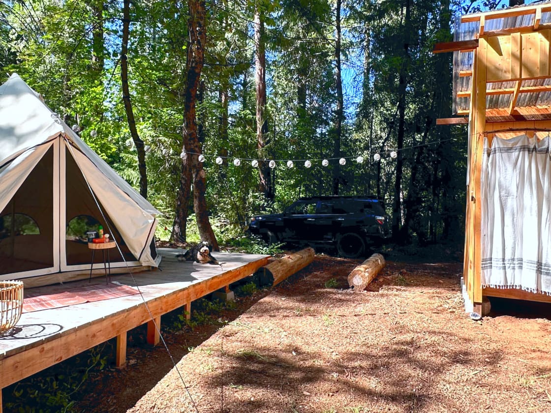the tent, your parking spot, and private bathroom
