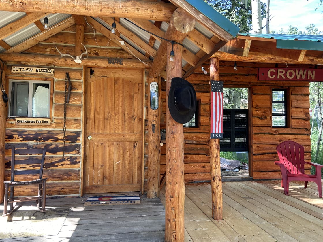 The Outlaw Bunks now has the new covered Saloon area for your morning coffee or afternoon cocktail sit and watch the deer
