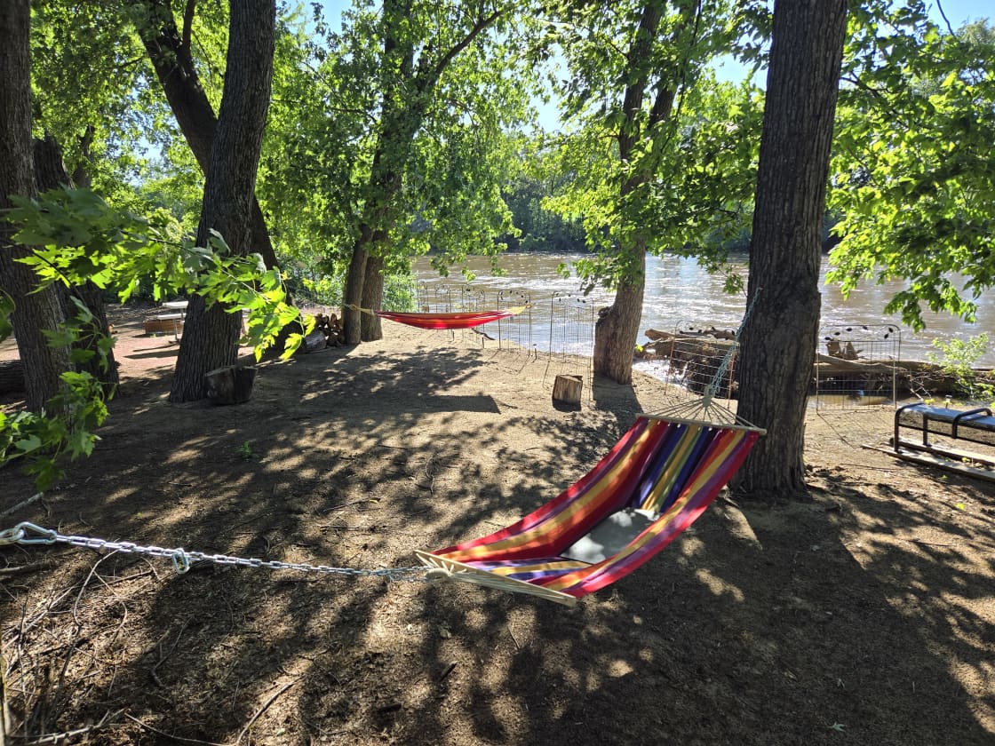 New riverside hammocks for guests to enjoy under the trees.