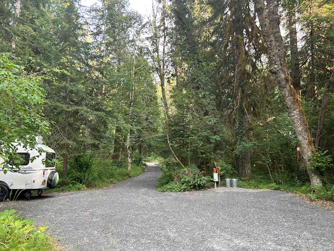 View from the edge of the spot looking back towards the driveway and Castle Rock hiding in the trees. The trailer is ours and is usually unoccupied.  