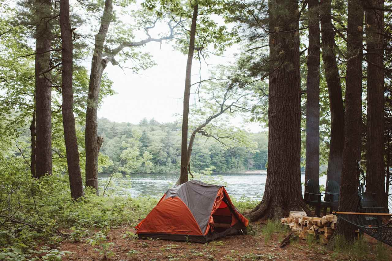 Hipcamp tent site overlooking the water, surrounded by trees