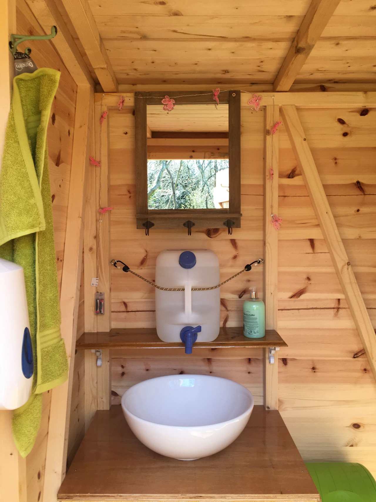 Shepherd's hut compost toilet: hand washing and hand sanitiser 