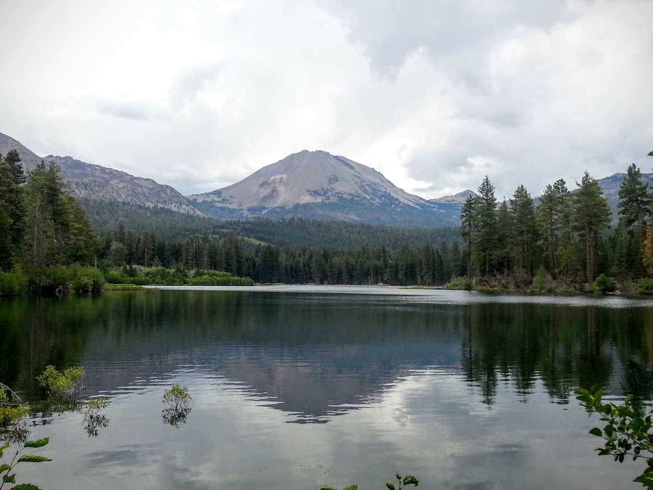 Out on Manzanita Lake looking back at the camp site with Mt Lassen in the background.