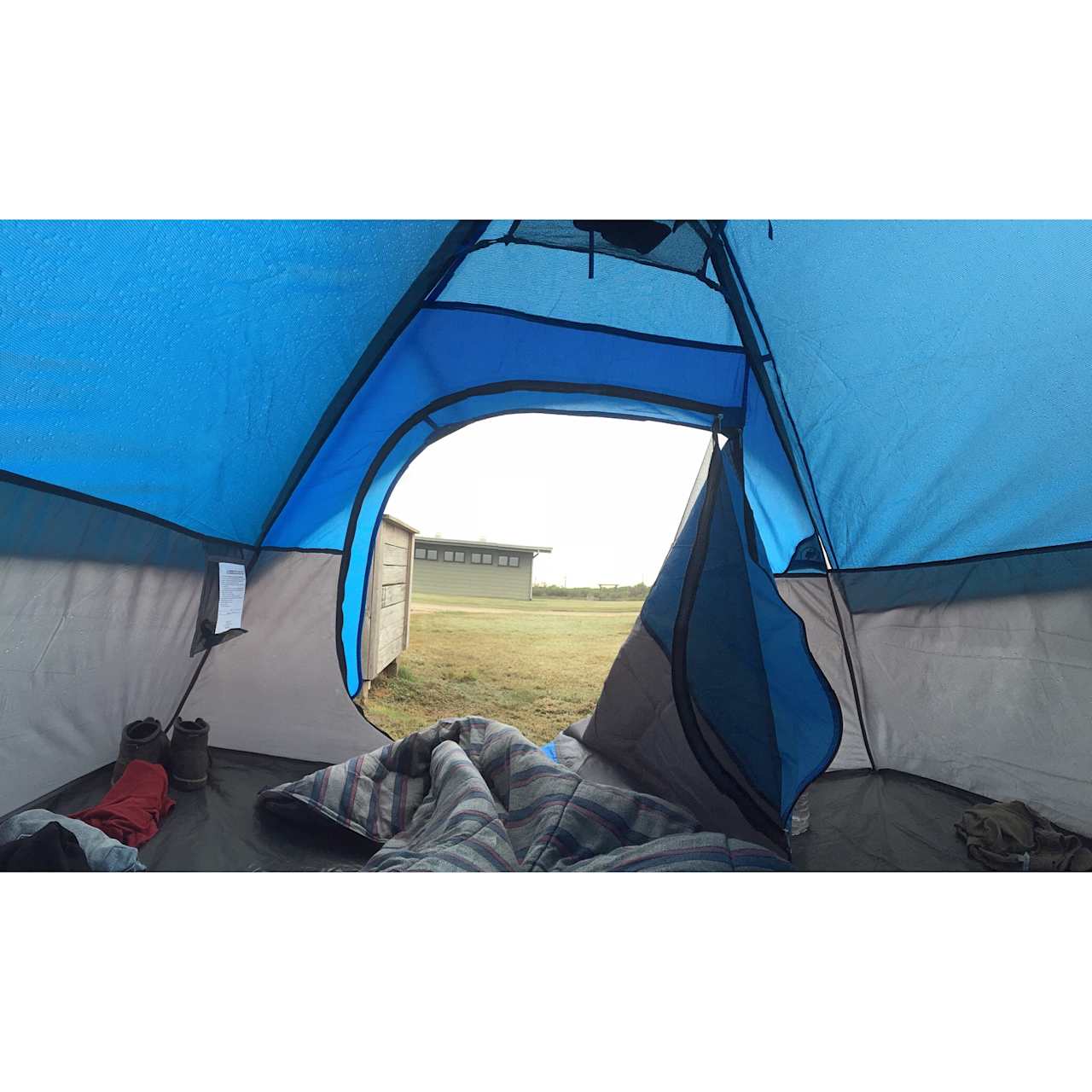 Tent area with bathroom out the door 