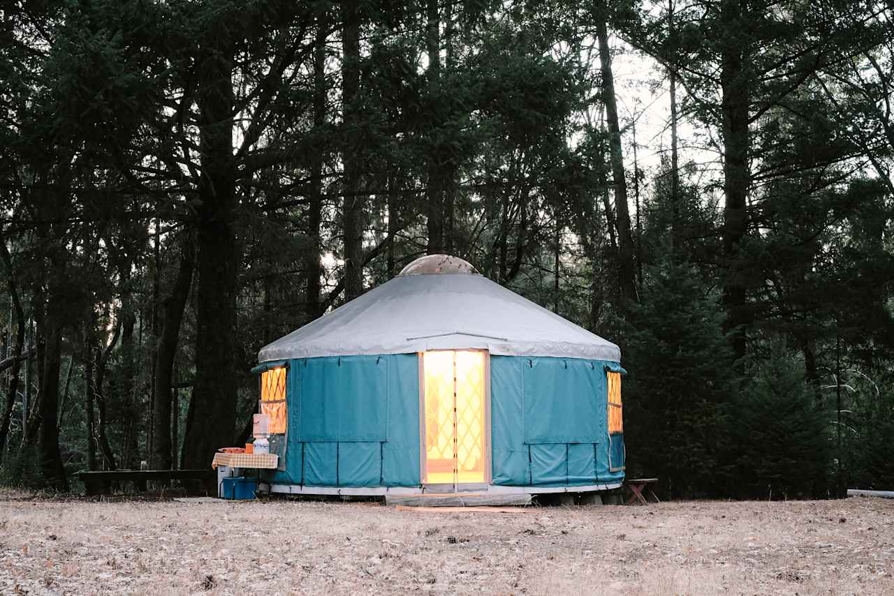 The yurt lit up at dusk! 