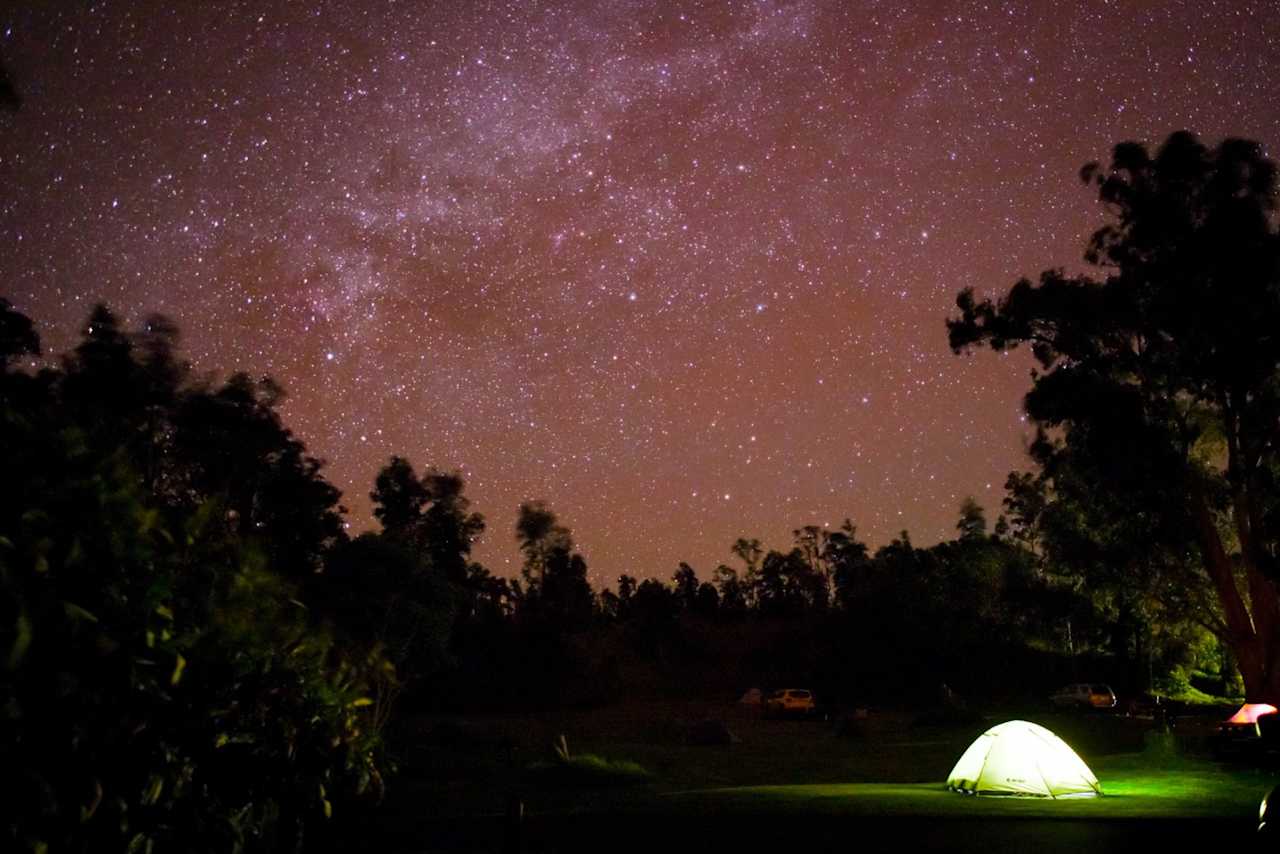 I'm shooting east from site number 9 at 10:30p. Camping at Namakanipaio costs $20 per night $15 if you already have a Volcano's park pass. These sites get less costal moisture at night than camping in the national park and are 3 miles from the park entrance.