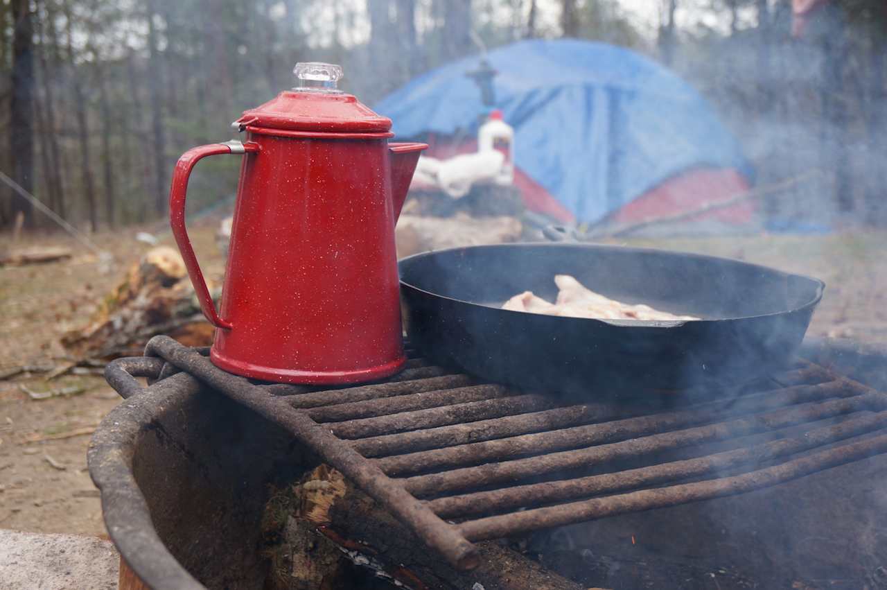 Fire ring and grill on every campsite. 