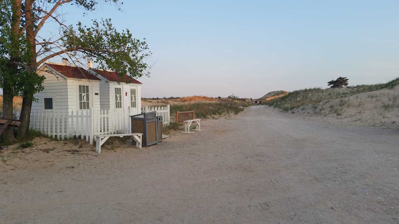 Cute pit toilets next to the lighthouse trail