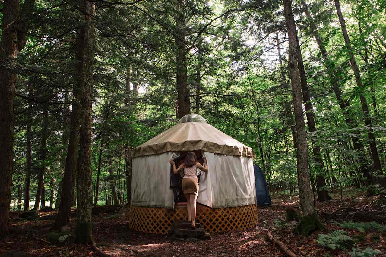 Stepping into the yurt.