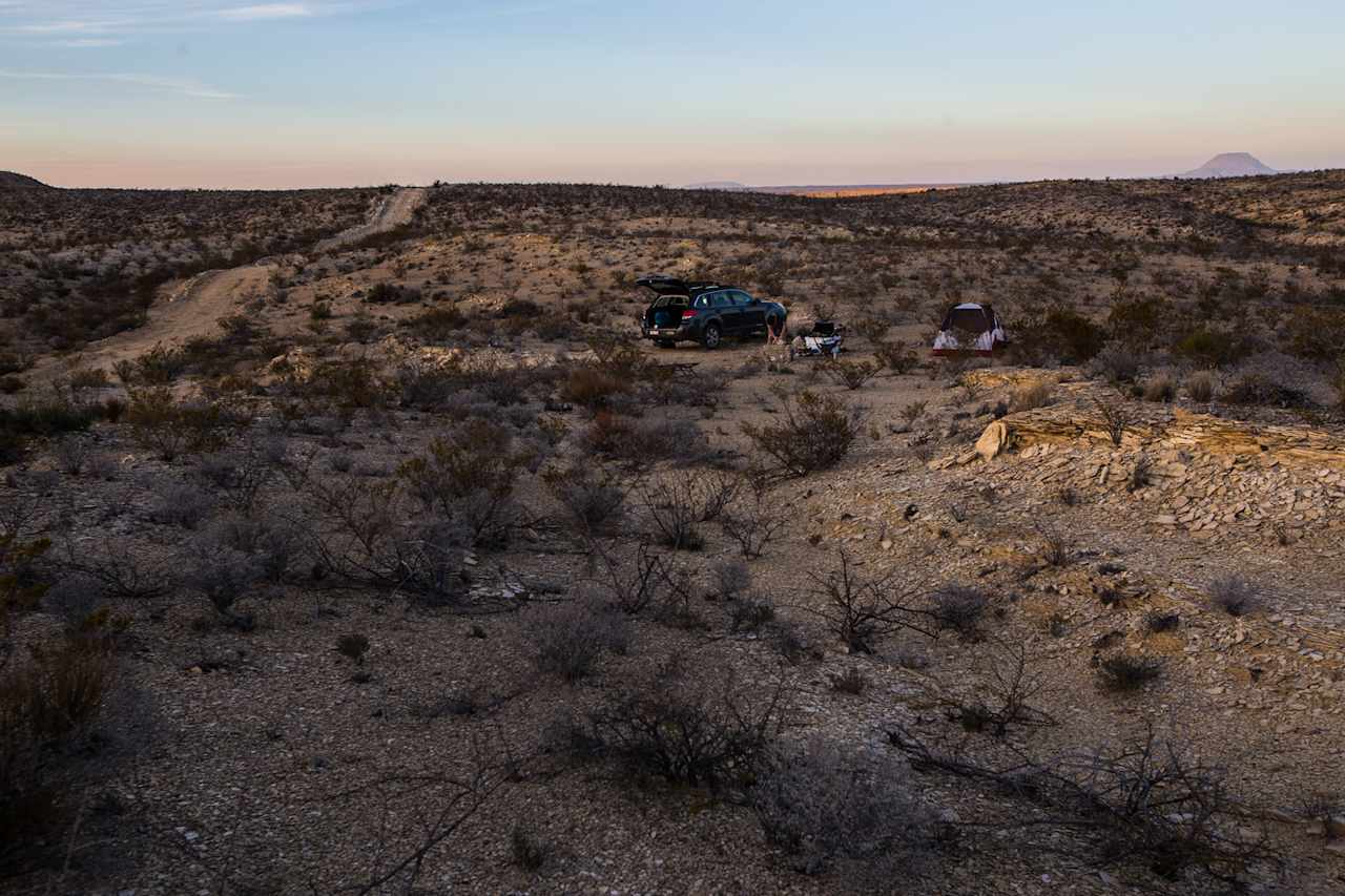 View of the campsite as the sun begins to set.