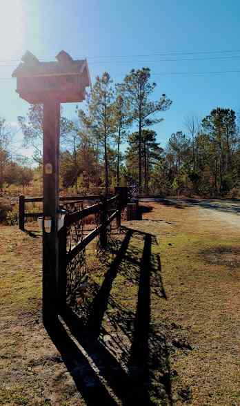 Our handmade birdhouse next to our fence with my metal cut outs to make it fun and functional.