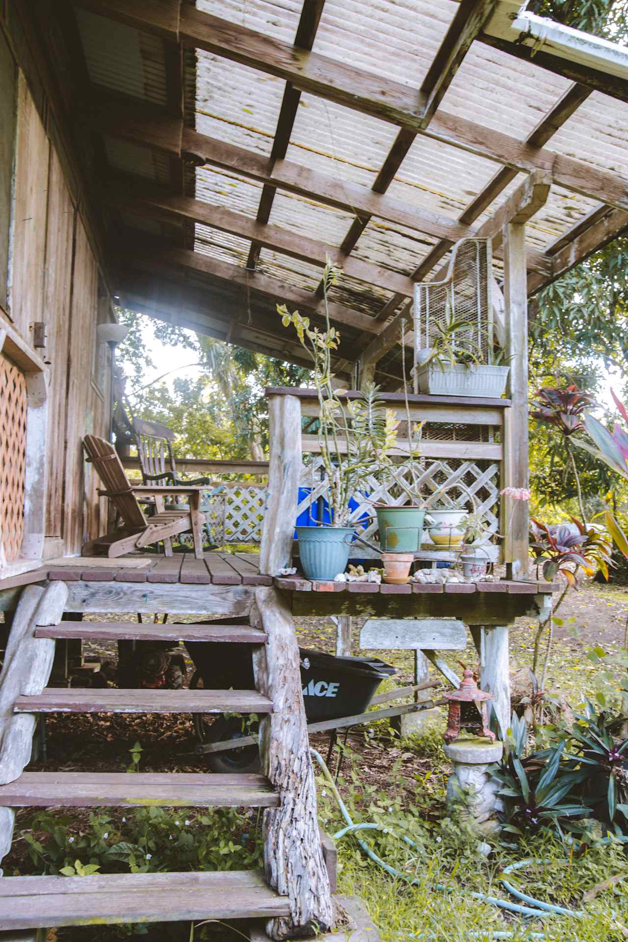 The front entrance filled with plants and a porch with rocking chairs 