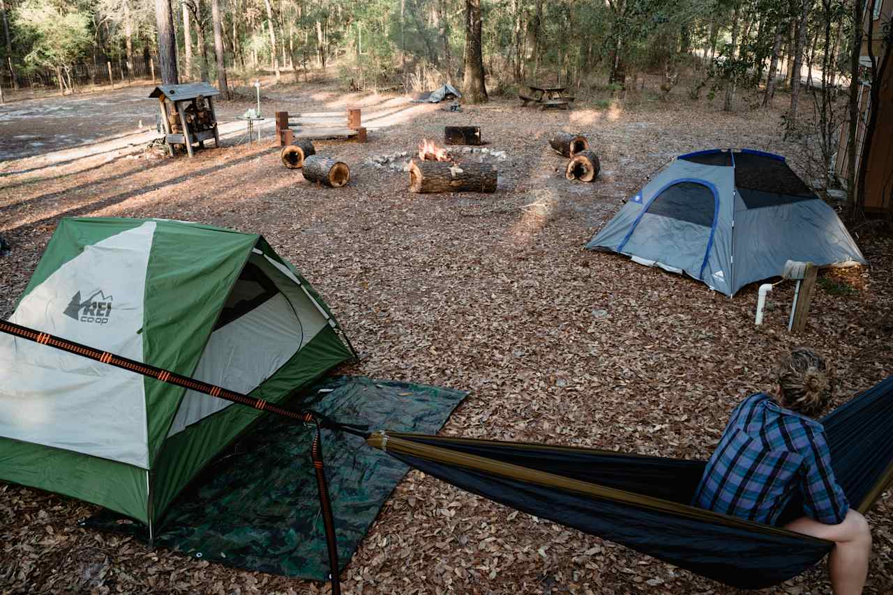 Large fire pit, plenty of room for tents and hammocks.