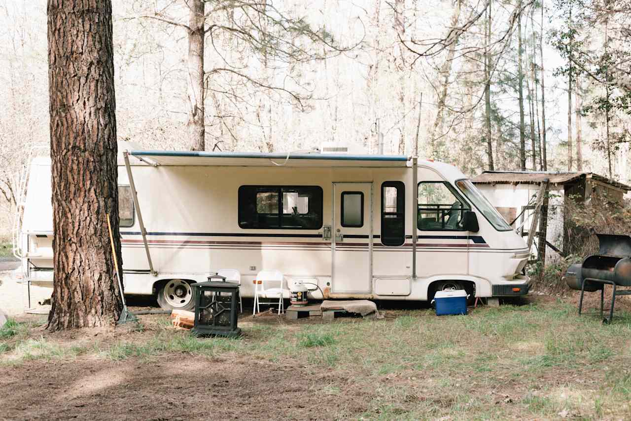 The trailer has a kitchen and bathroom for camp guests to use and another fire pit. This place is really perfect for a family or a small group.