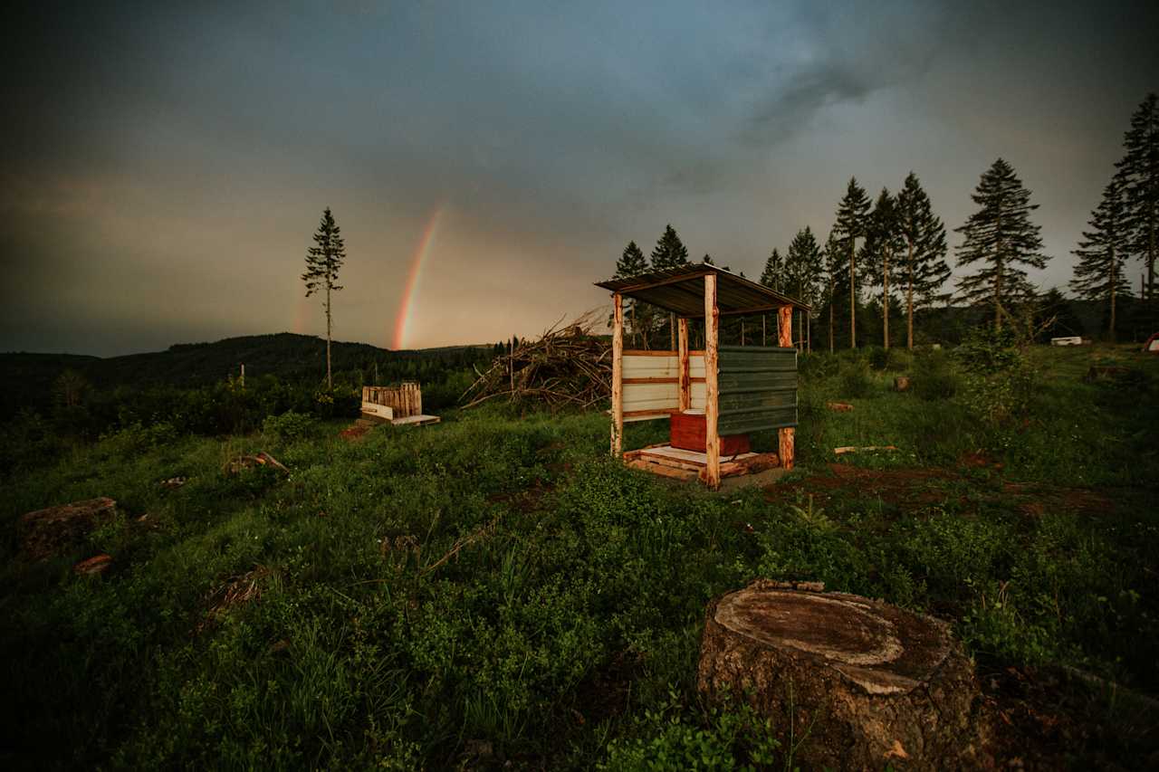 Sunrise + rainbows over the toilet with a view. 