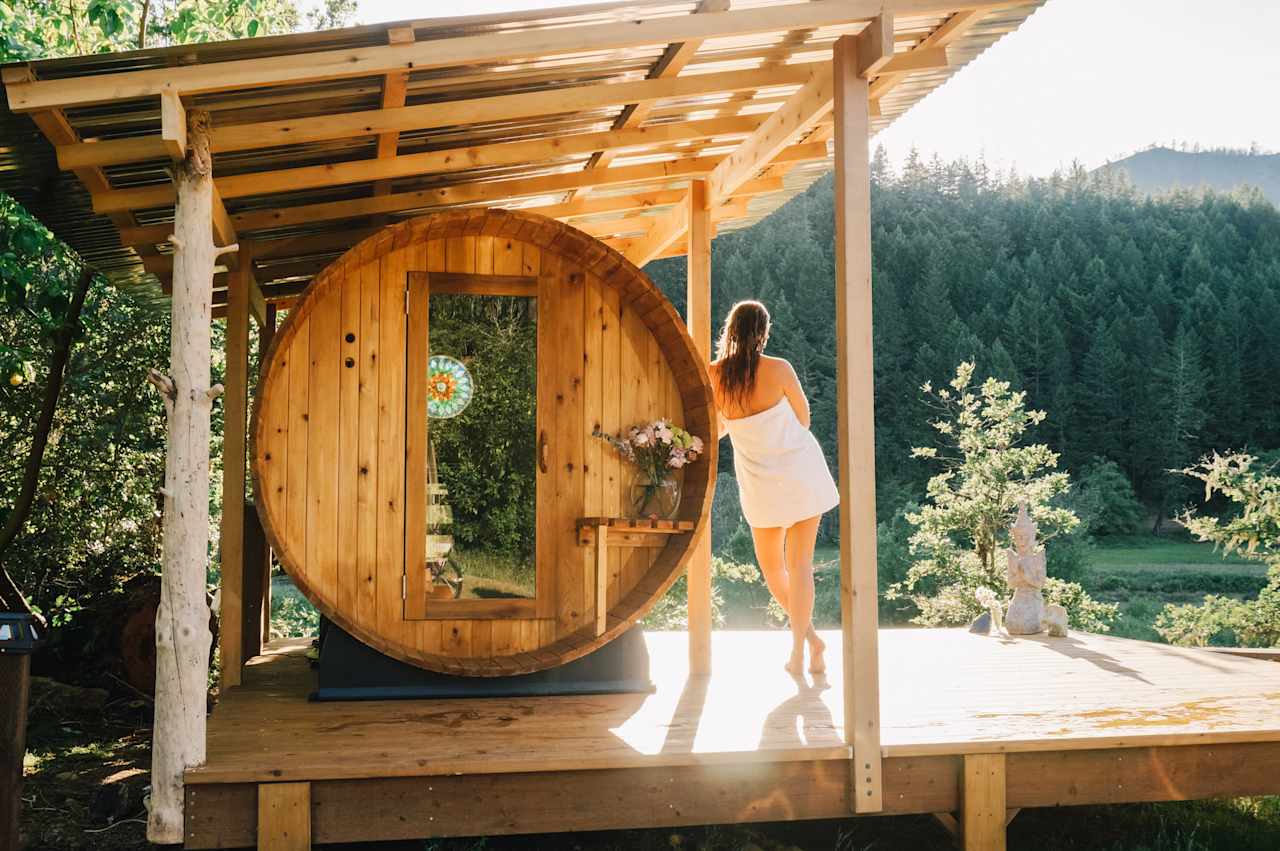 Oh my gosh, the sauna! It's so cute and unique...even has a stain glass window. It's hard not to spend all day here.