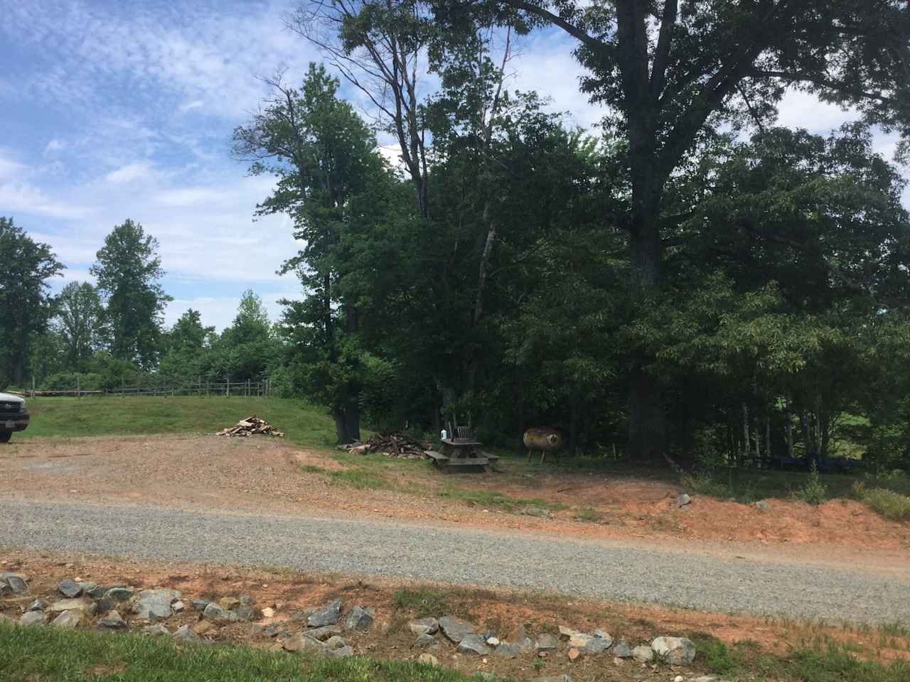 Site #2- next to fire ring and picnic table. View of woods and horses. 