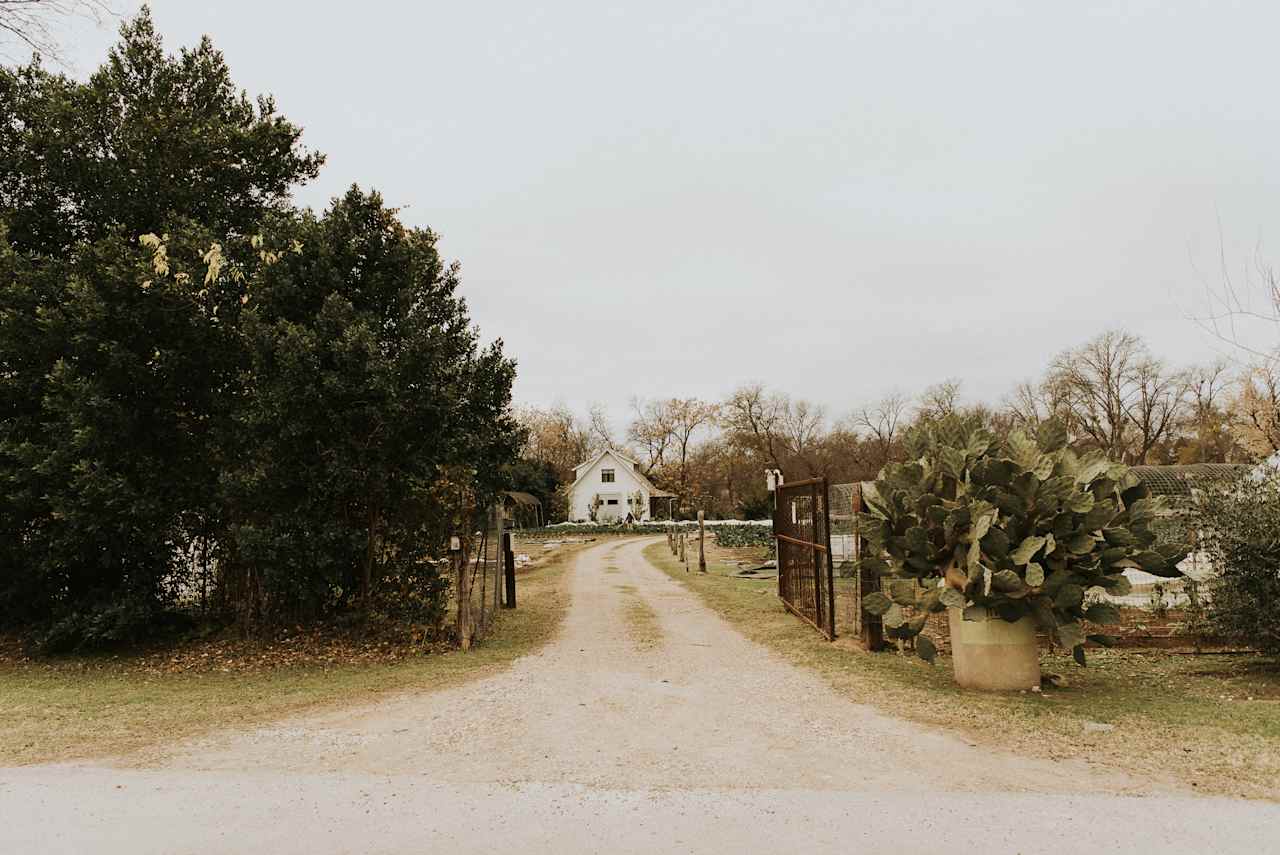 The entrance to the farm. This is opposite of where the parking lot for regular customers is located. The driveway crosses a small drainage and your parking is on the right.