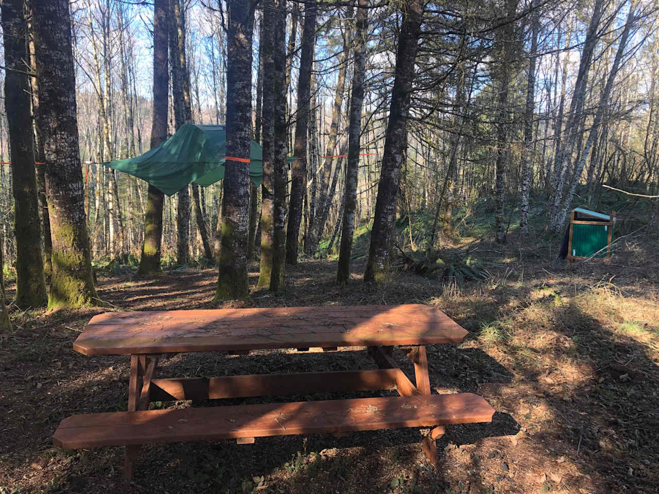 Tree Tent with fly-sheet on, along with picnic table, and out-house in the background.