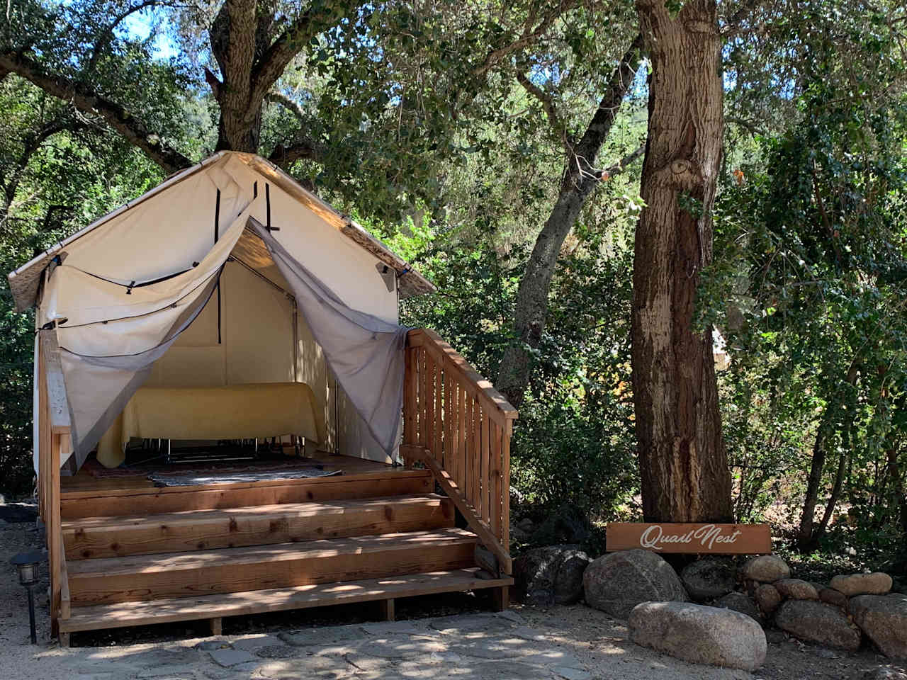 Steps up to tent with bamboo flooring