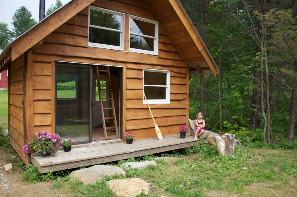 Rear view of cabin from pond