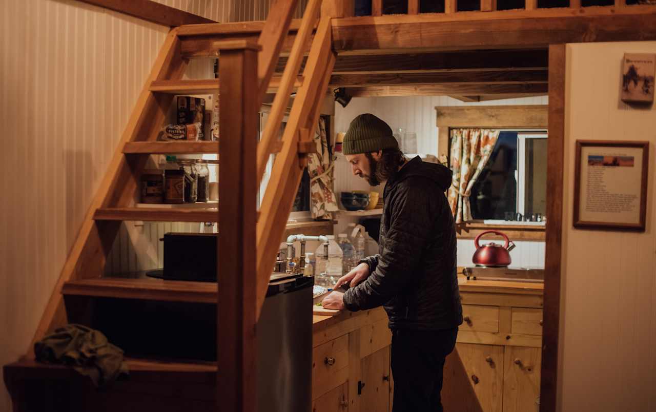 Prepping our dinner in the well-stocked kitchen. 