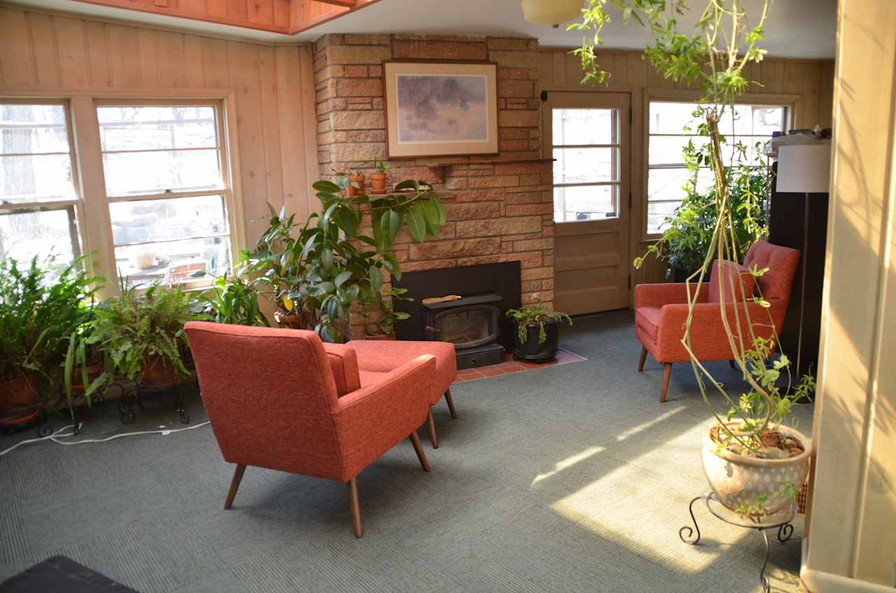 House breezeway with fireplace.