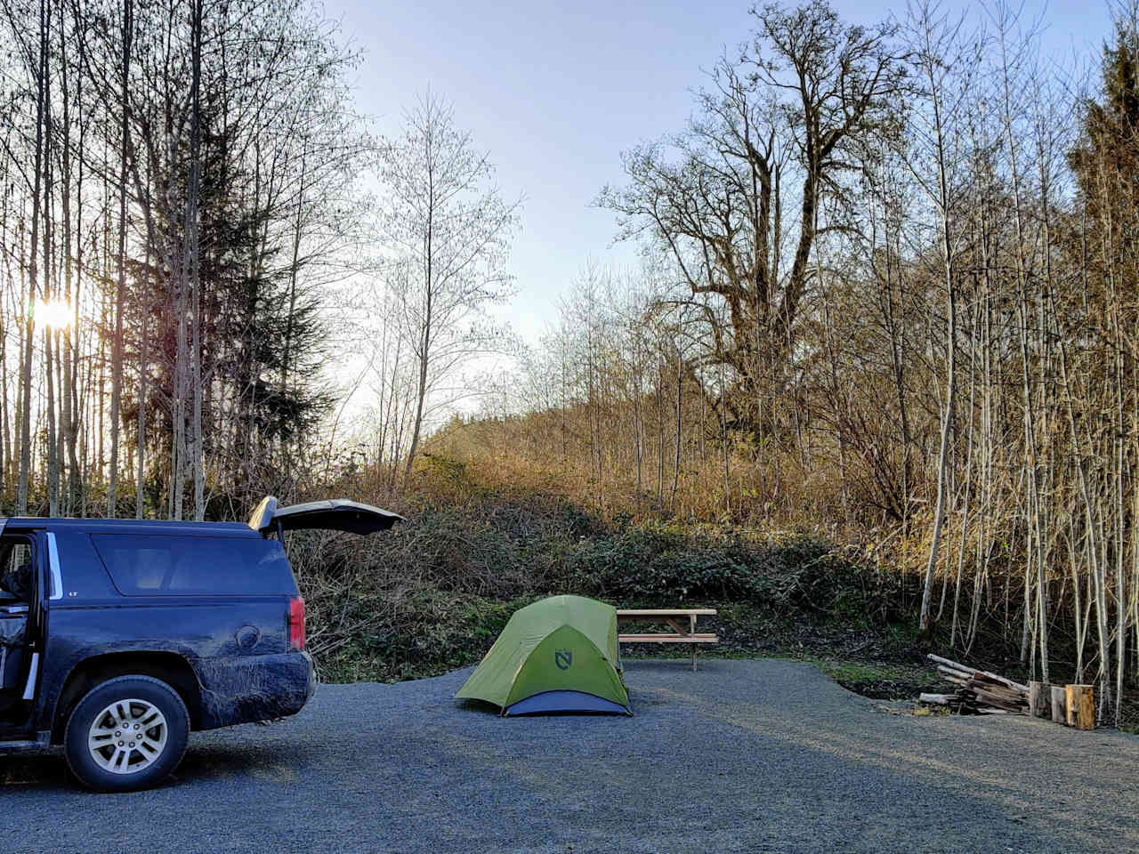 The campsite has a picnic table, fire area and a (very clean) outhouse