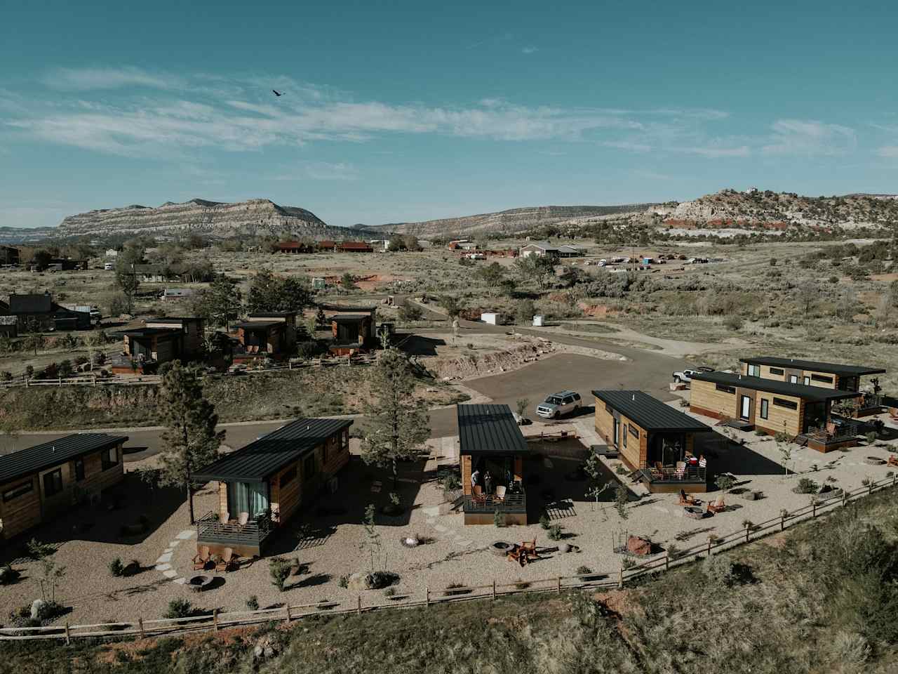 A view of the compound from above. The lower houses accommodate 4 guests and the upper houses accommodate 6 guests (you can see their little loft on the top).