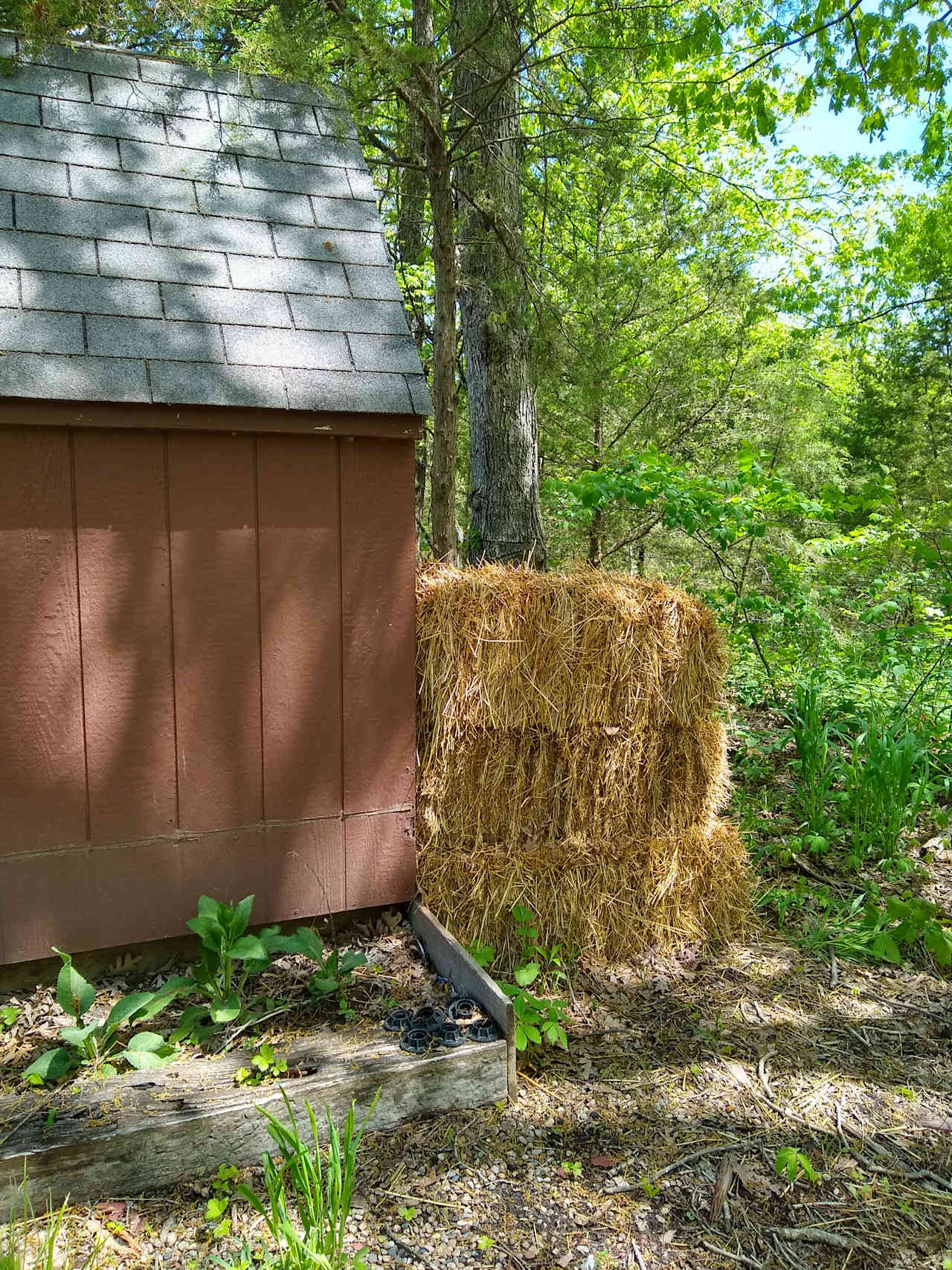 Behind the BunkHouse there is a screen of hay bales. And behind the hay bale is a bucket toilet with another bucket of sawdust to cover your business. We compost it all in a very Eco-friendly Humanure system.