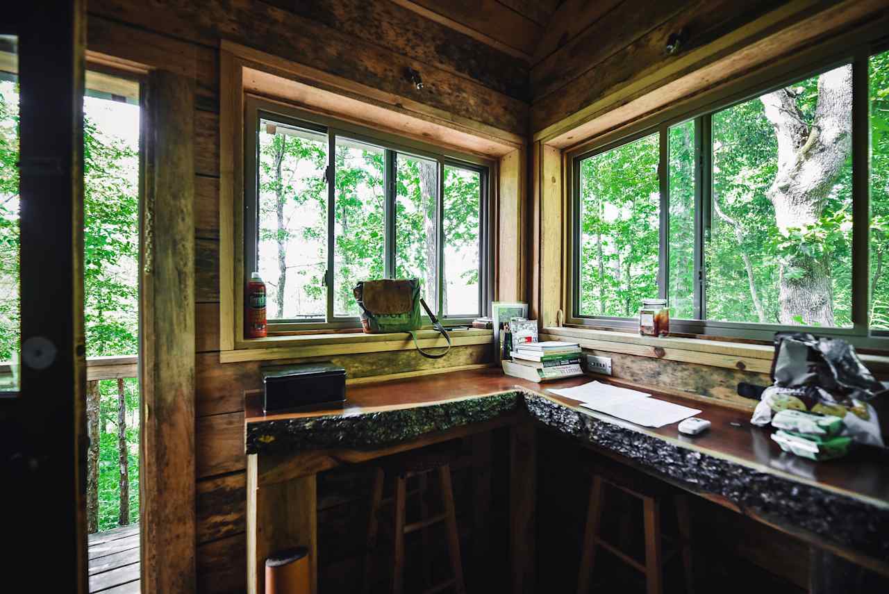 Inside the cabin, perfect when it gets too cold out. 