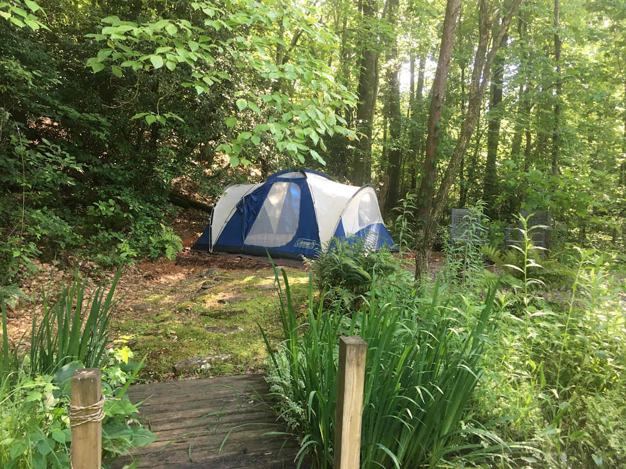 The main tent site is right by the dock of the pond. 