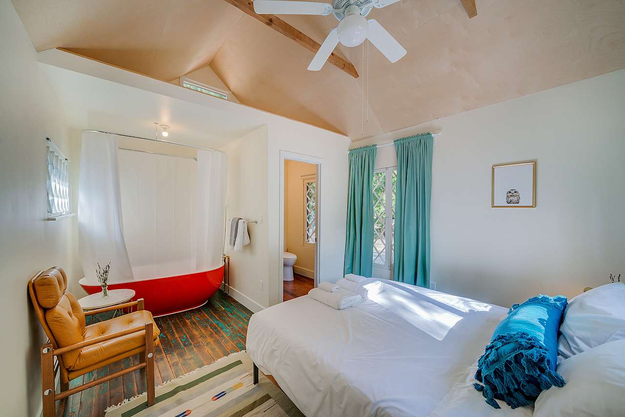 Romantic studio of Cabin #4 with in-room soaking tub. 