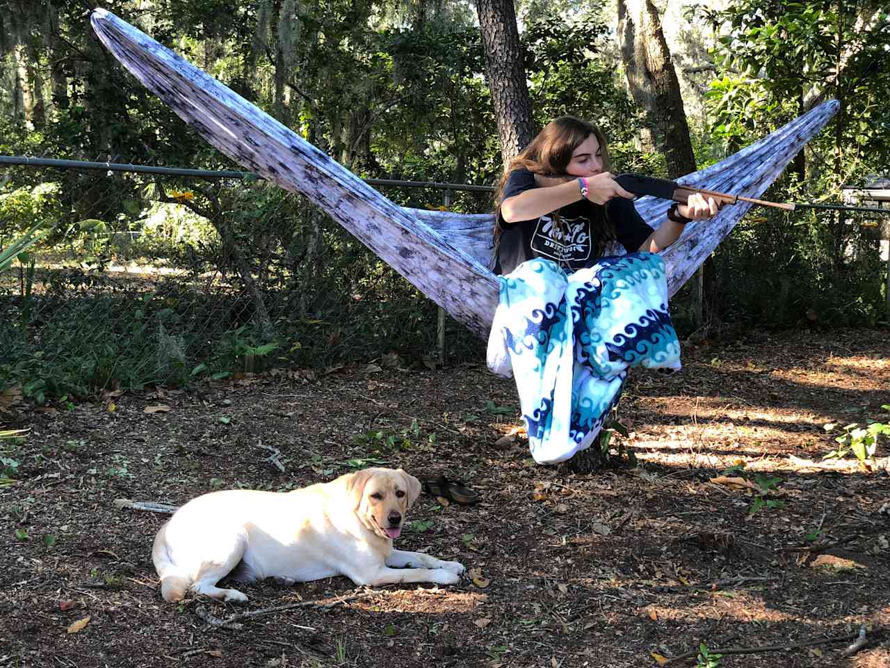 a girl and her dog shooting tin cans