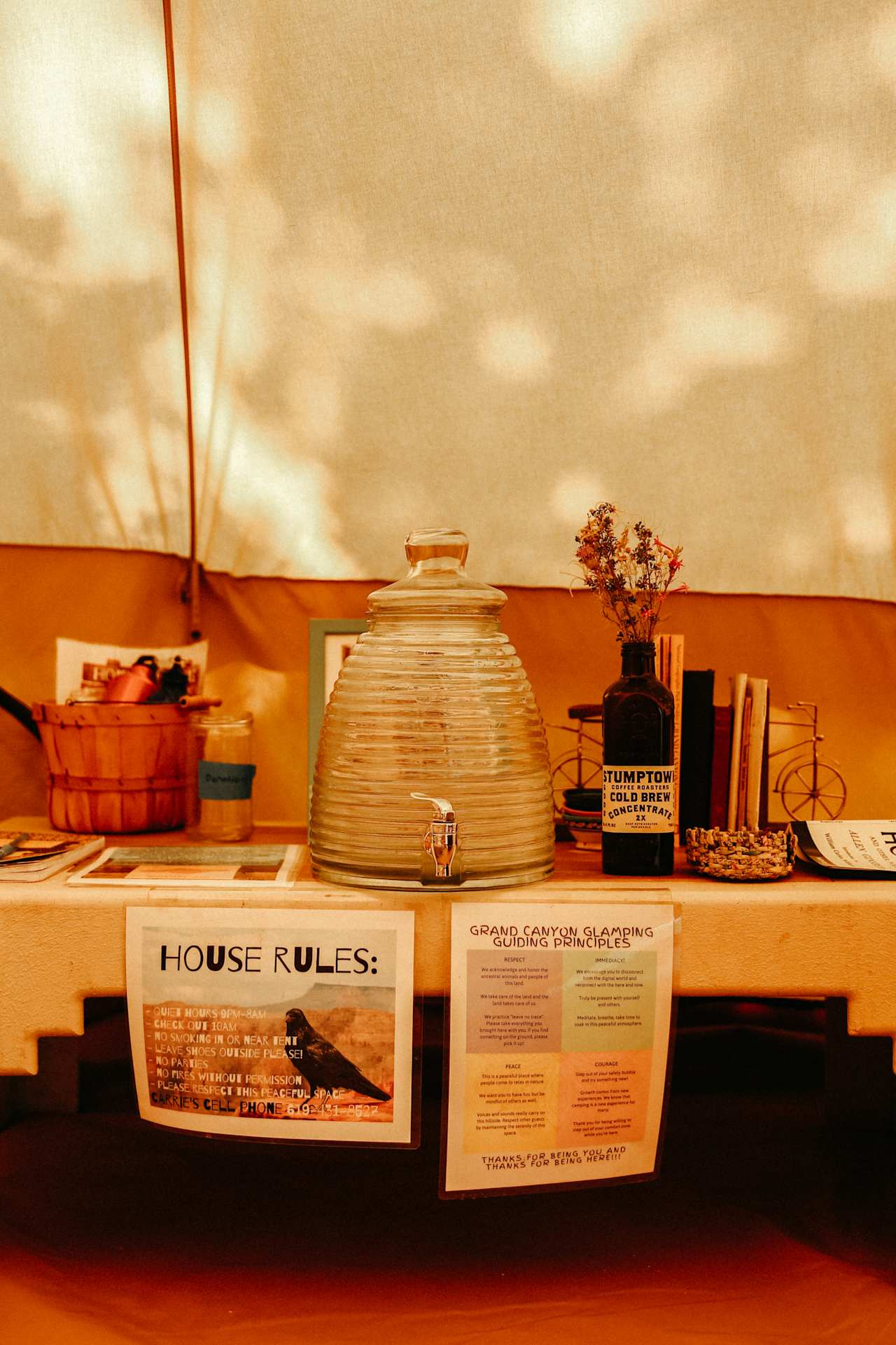 inside the yurt, water and extra amenities 