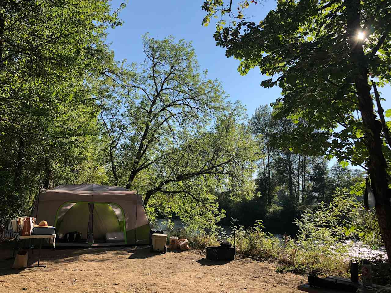 Site #2, right on the river in our 14' x 14' tent.