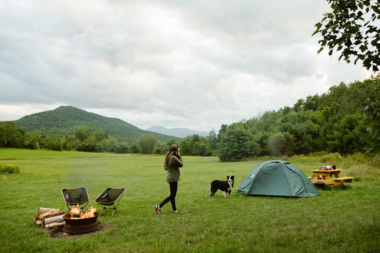 Plenty of space to hang with friends, watch the sunset, cook your favorite camping dinner, and have a fire. Pets are welcome here, too!