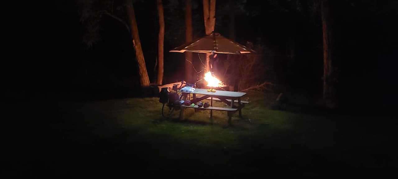 Picnic table at night with LED solar powered lighting