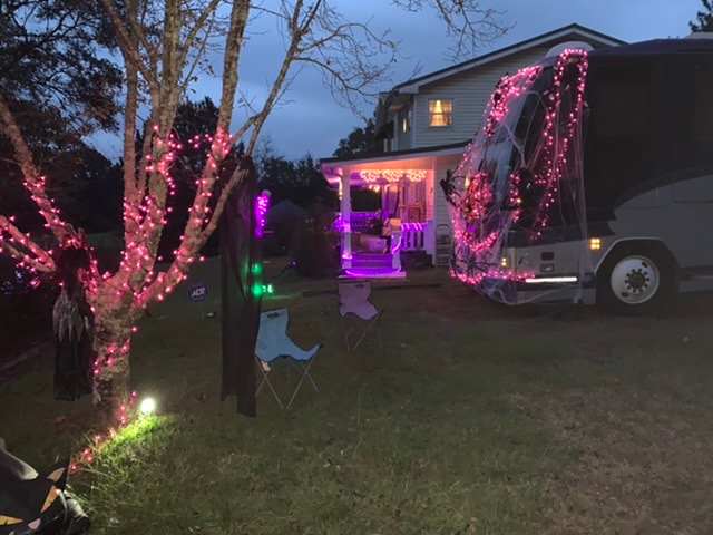 Festive view from the driveway.  You can pitch a tent right outside the bus if you like. 