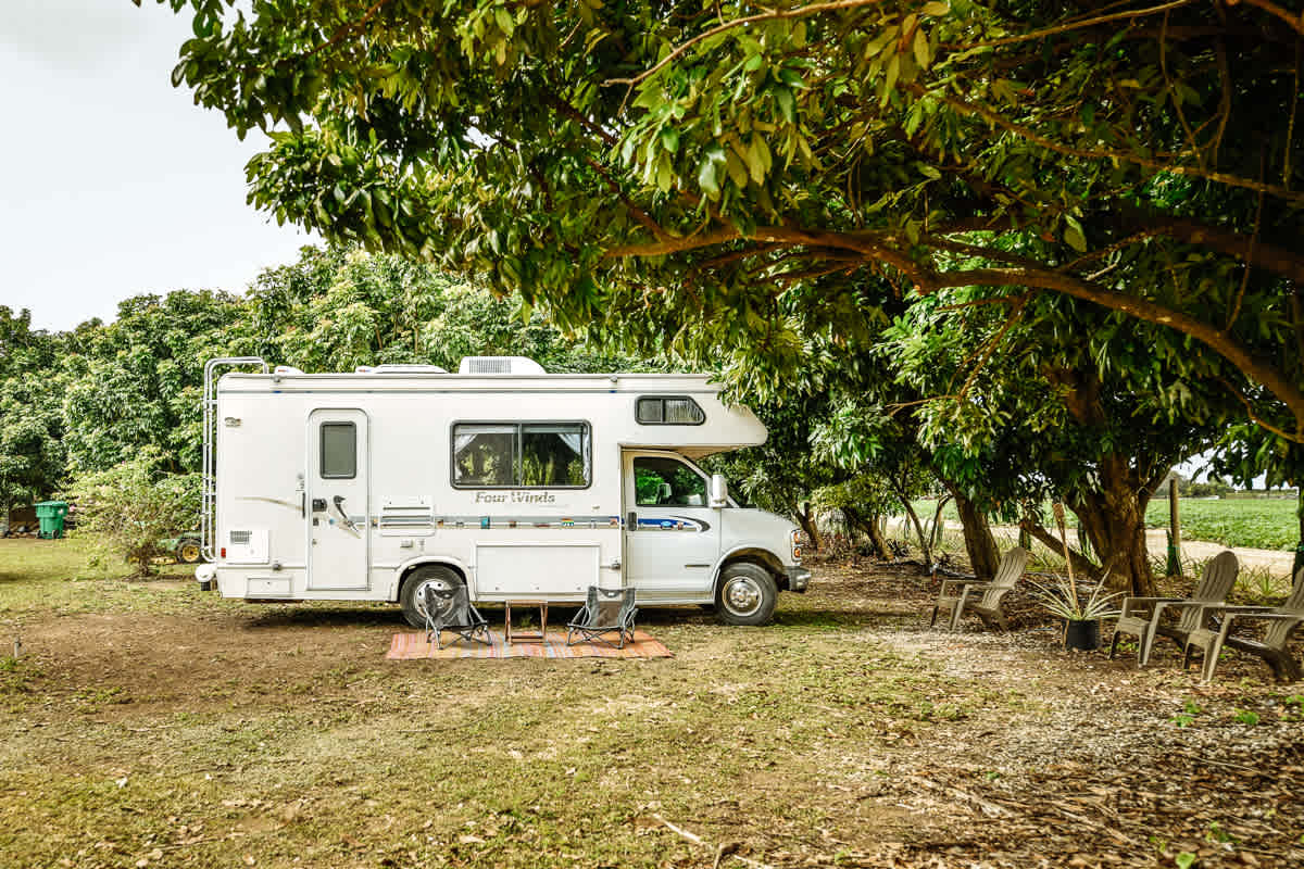 We found a perfect spot to park our 21 foot camper and set up our camping mat and chairs