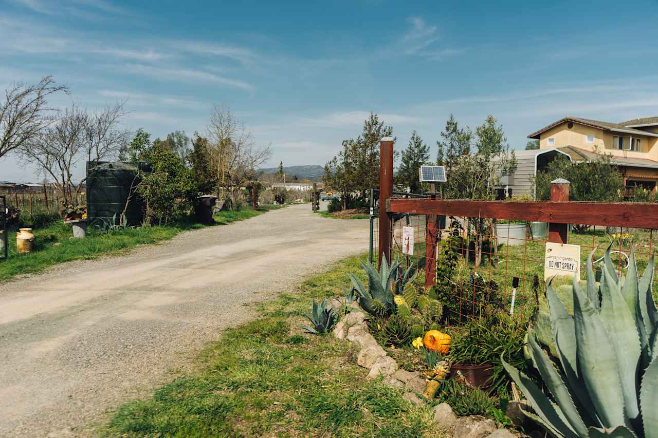 A red fence marks the driveway