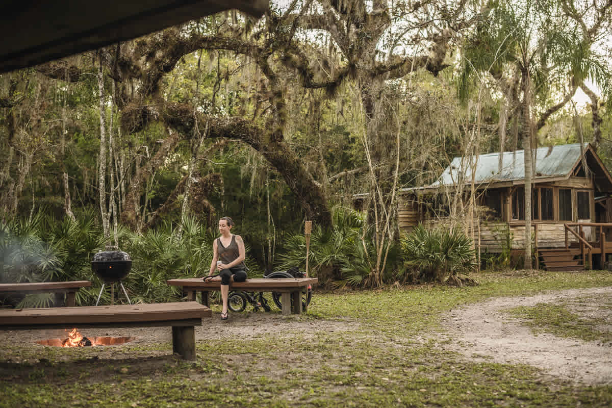 There's a beautiful communal campfire with plenty of benches for seating