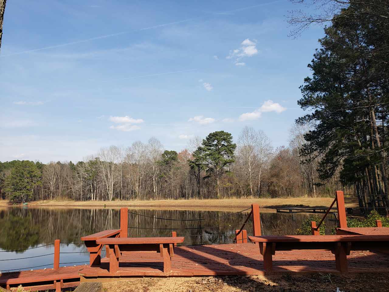 Wooded, trails, lake.