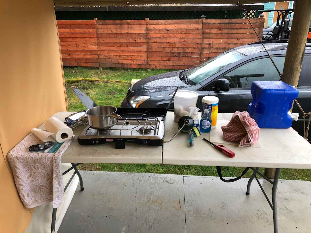 it rained, so I set up my "kitchen" on the big front poorch