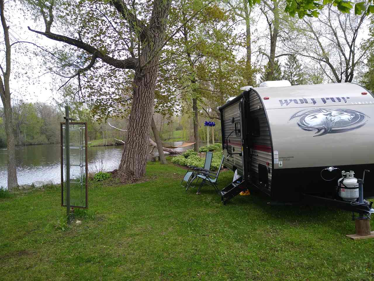 The grass block paver pad is 23' x 10'.  It fits a up to a 43’ camper.