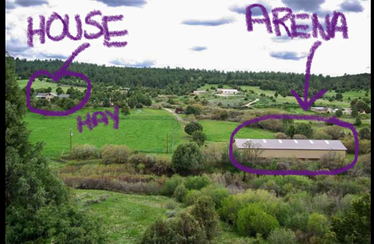 Mid summer view from Lower Llano Road of the property. The Rio Chiquito is located in the trees below the Arena. If it isn't too wet, camping spots are available by the river.